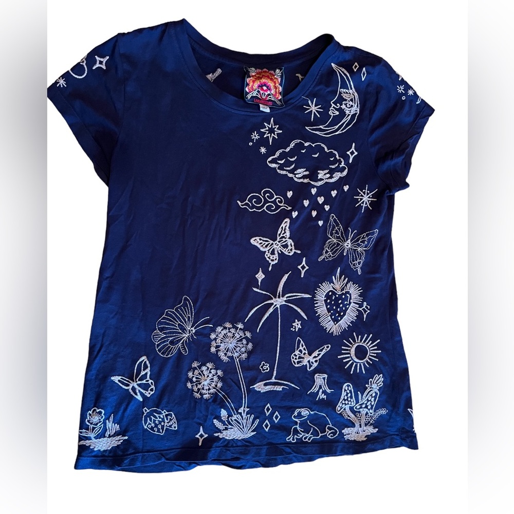 Johnny Was XS Navy Blue Embroidered Tee Shirt